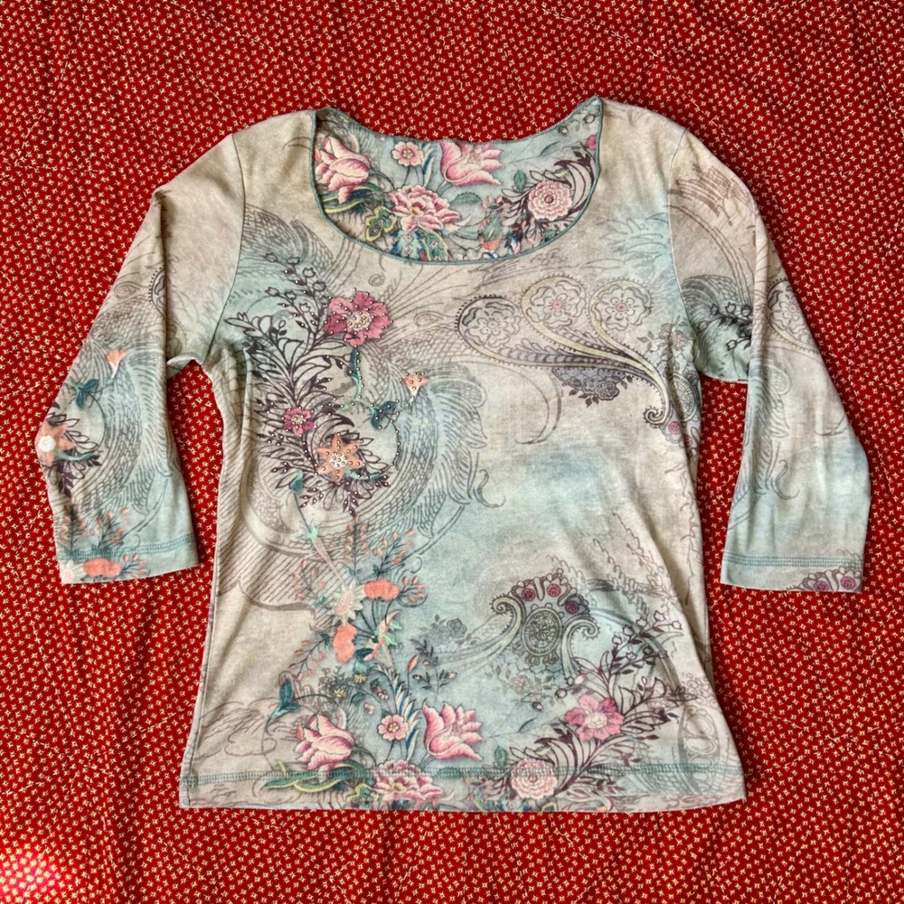 Vintage Floral Paisley Print Scoop Neck 3/4 Sleeve Top Blue Pink Rhinestone S